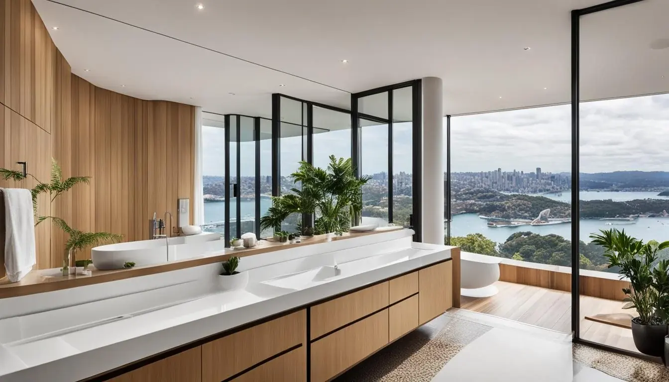 Renovated Sydney bathroom with a timber vanity, freestanding bath and floor to ceiling glazing